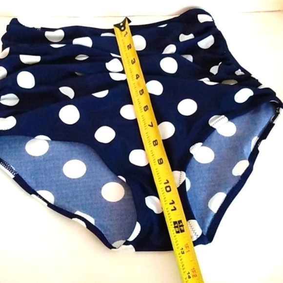 HIGH-WAIST RUCHED BIKINI BOTTOMS NAVY BLUE WHITE POLKADOTS SIZE SMALL NWOT - Picture 5 of 6